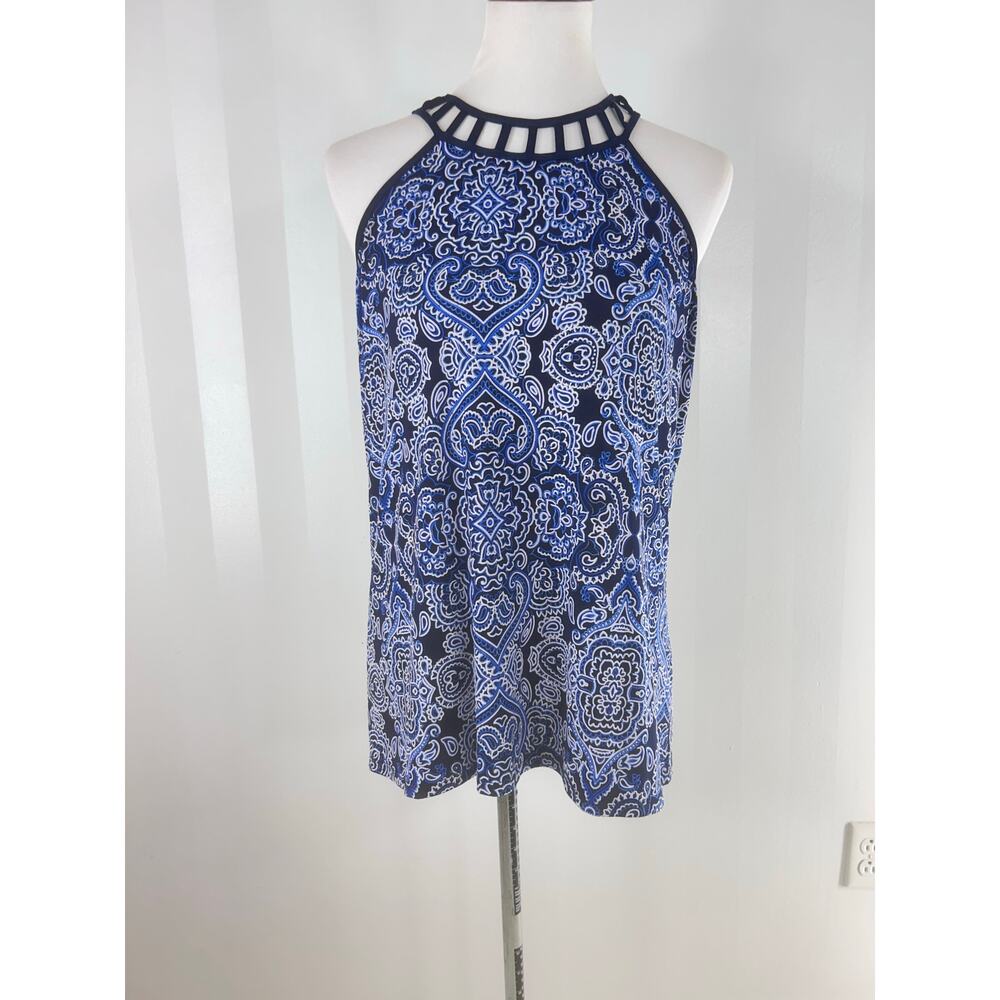 PERSEPTION CONCEPT Blue/White Abstract Print Sleeveless Top